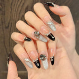 365nails: "Midnight Soirée" – Glitter French Tip & 3D Gem Handmade Long Almond Nails