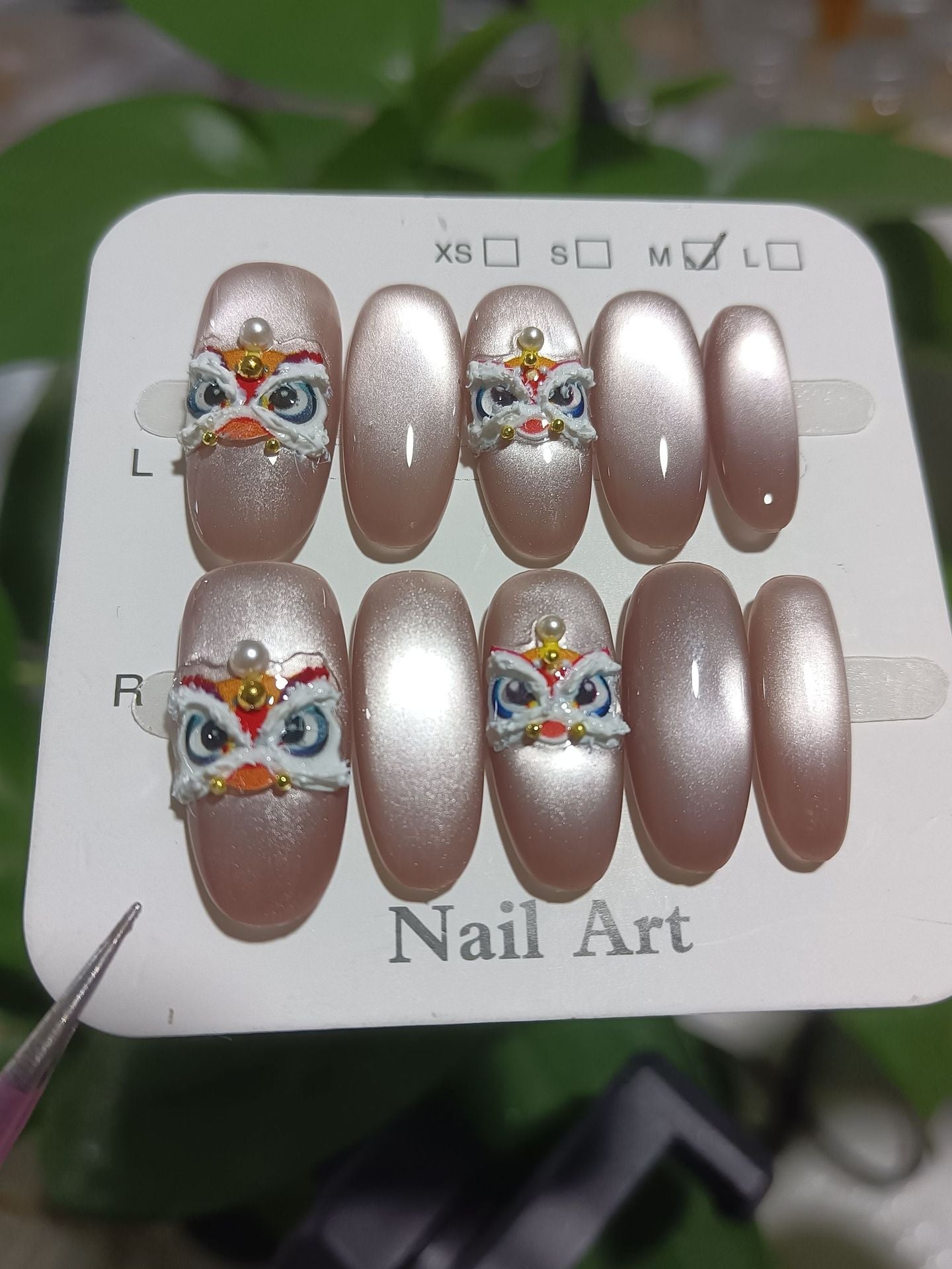 Auspicious Lion Dance: "Lion Dance Bow" – Square Shape Handmade Press-On Nails