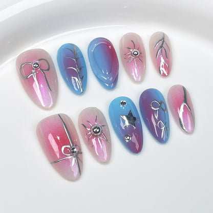 Handmade press on nails Symphony Colorful Hand-painted Line Bow Summer Almond Nail Wear Fake Nails｜365nails