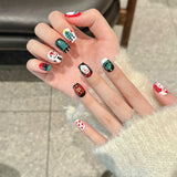 Playful Santa & Christmas Tree Press‑On Nails – Red, Black & White Short Design