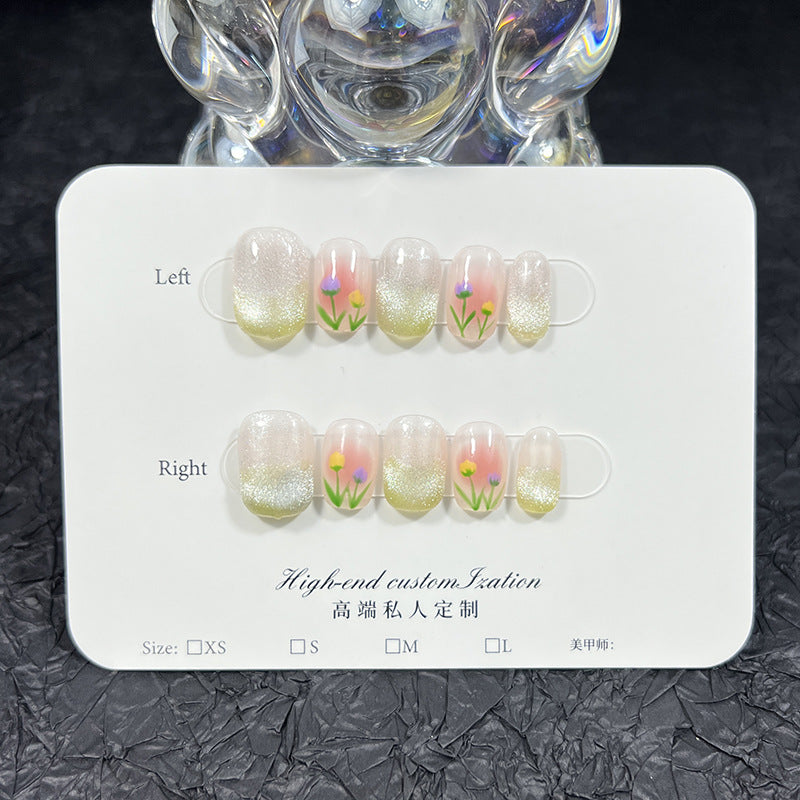 Uñas postizas de tulipán pintadas a mano, pequeñas y frescas, de edición limitada de primavera, con diseño de ojo de gato, uñas postizas hechas a mano, uñas extraíbles al por mayor | 365nails