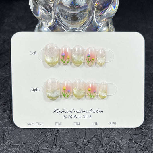 Spring limited small fresh hand-painted tulip press-on nails cat eye pure Handmade Press-on Nails removable nail wholesale｜365nails