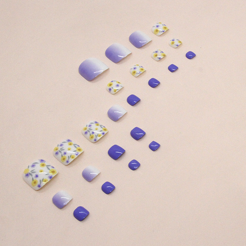 Summer cool blue purple yellow flower manicure gradual change fairy gas Press-on toenails wear nail fake nails wholesale 24 pieces｜365nails