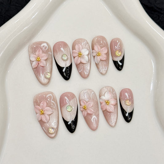 Pink Handmade Carved press on nails Simple and Delicate cat eye French Almond | 365nails