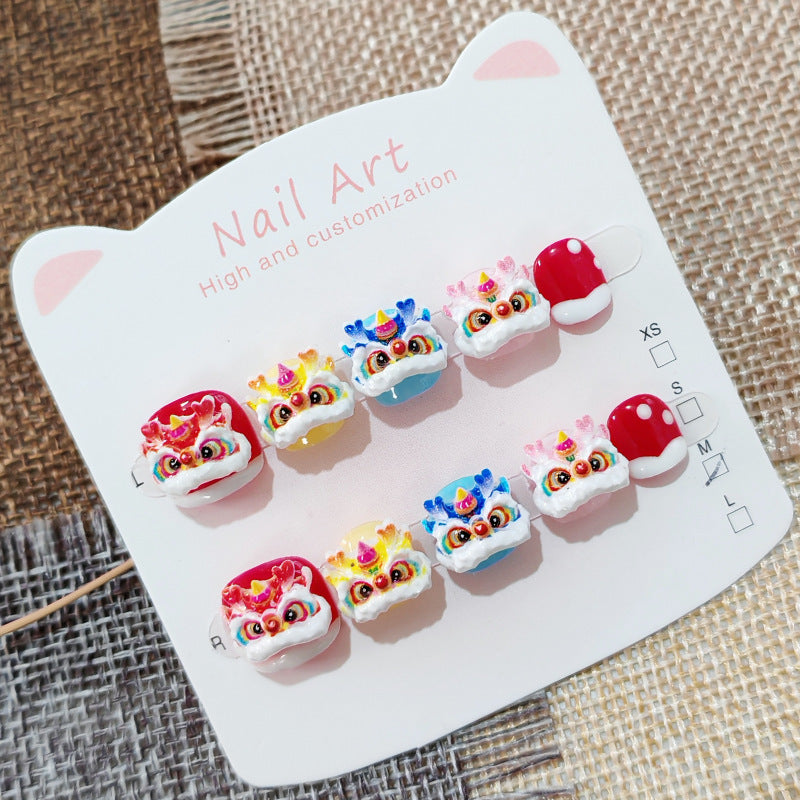 365Nails: "Auspicious Lion Dance" – Handmade Cute Short Oval Press On Nails With Chinese Lion Dance Design