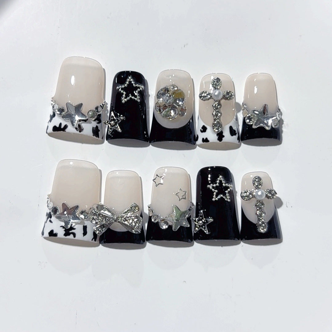 Gothic Starlight: "Noir Cross" – Long Square Press-On Nails