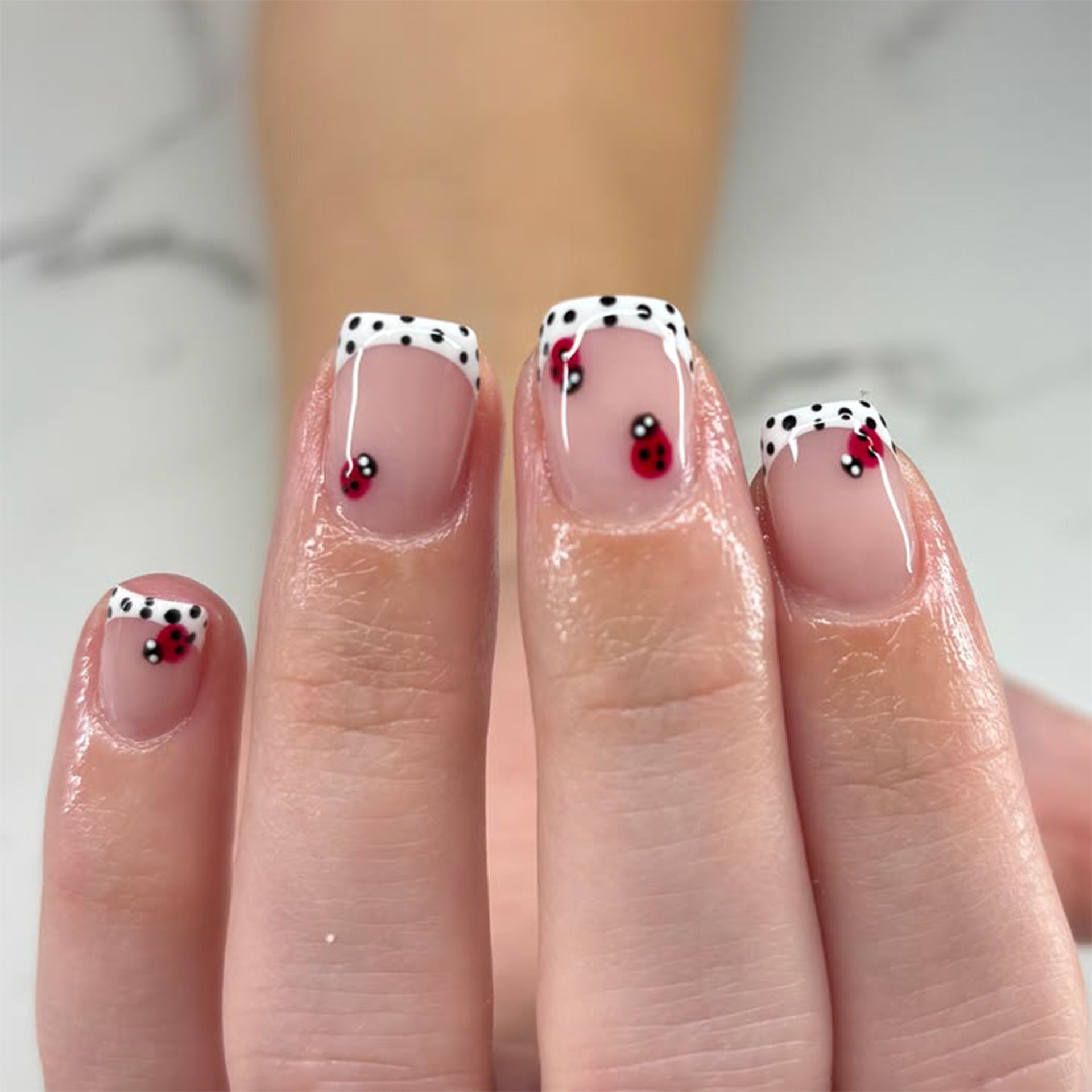 365nails: "Ladybug Polka Dot French Square" – Cute Press-on Nails