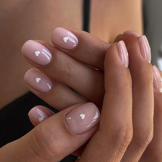 Nude manicure fake nails white small love wearable nail piece  simple wearable nail mini nail piece｜365nails