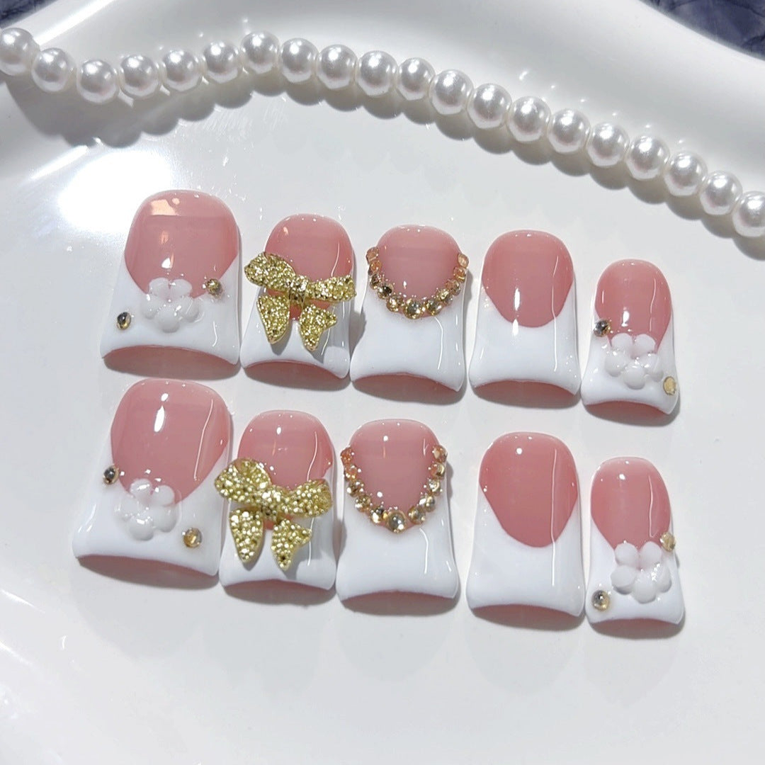 365nails: "Blush Gold Bow" – Short Square Nude-Pink French Gold Handmade Press-On Nails