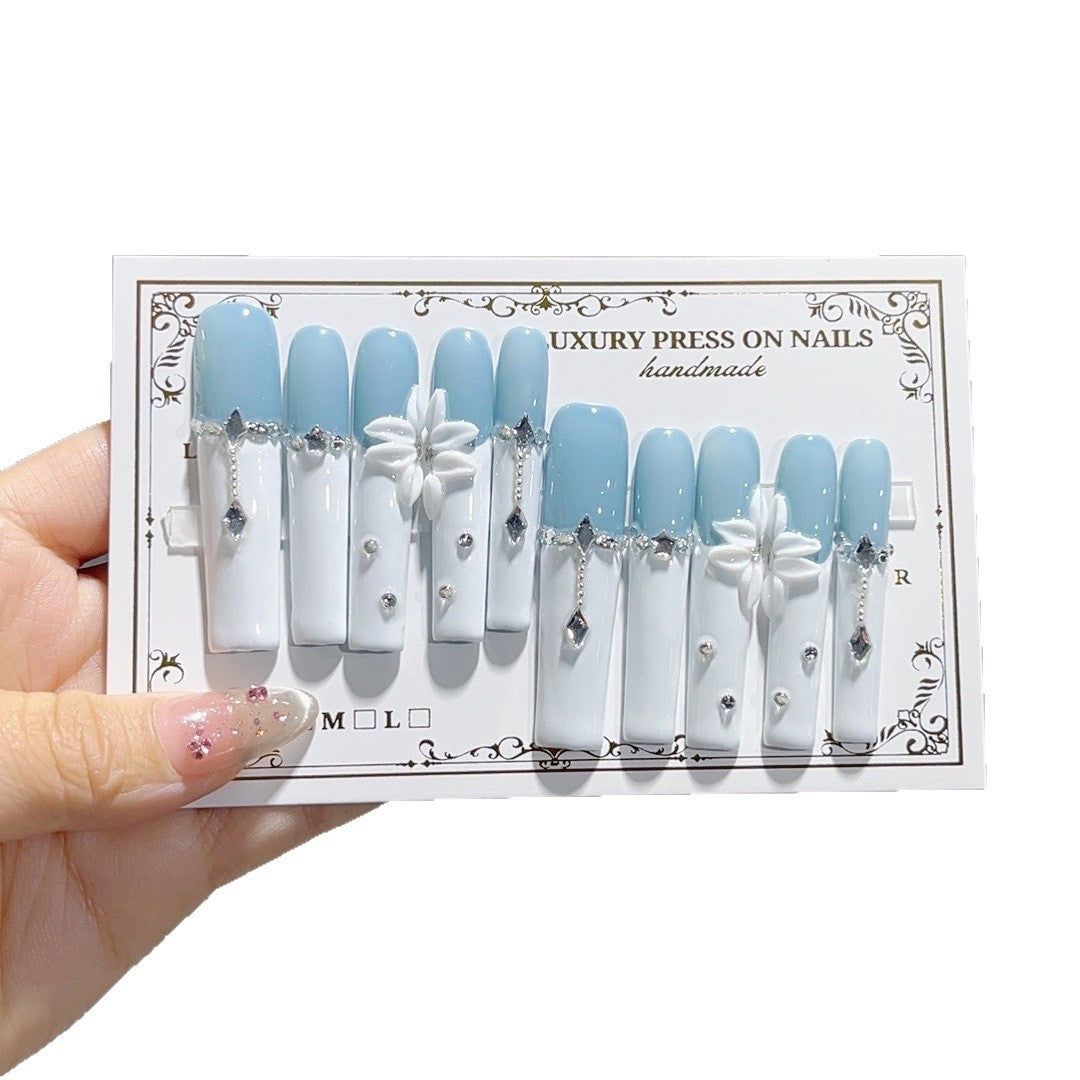 Blue White Pearl Floral Long Press On Nails