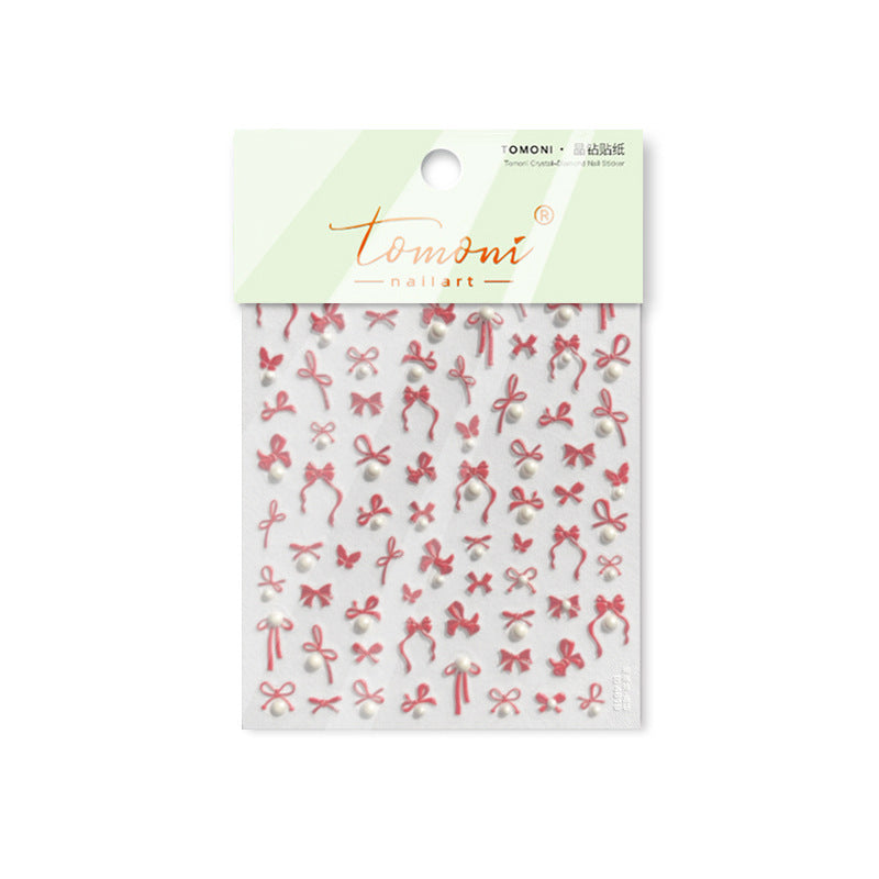 Embossed Bow Nail Stickers – Red & Metallic Pearl Set