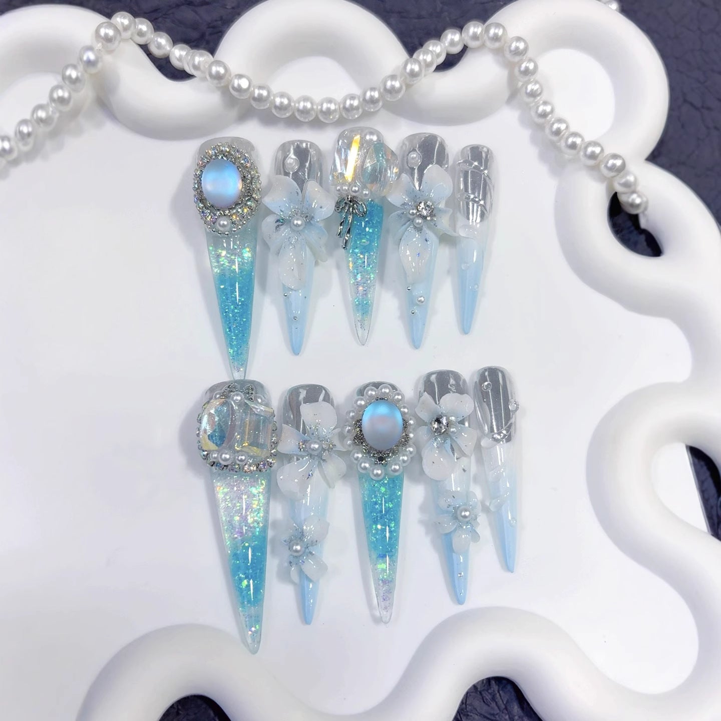 Icy Blue Sculpted Floral Crystal Fantasy Press On Nails