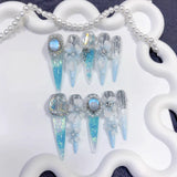 Icy Blue Sculpted Floral Crystal Fantasy Press On Nails