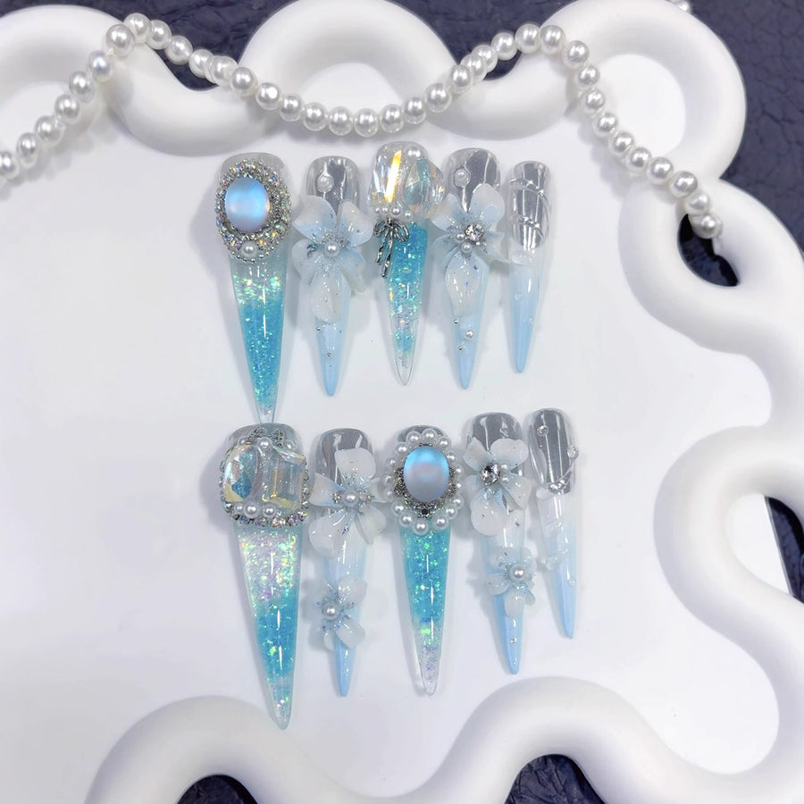 Icy Blue Sculpted Floral Crystal Fantasy Press On Nails