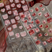 Holographic Tweed Nail Stickers – 3D Embossed Pink & Red Heart Set