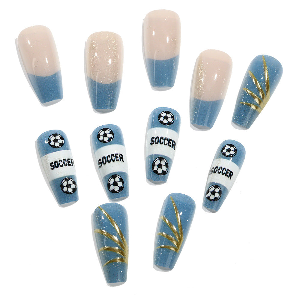 World Cup Blue White SOCCER Text Football Press-On Nails (Long Square/24pcs/Sporty)