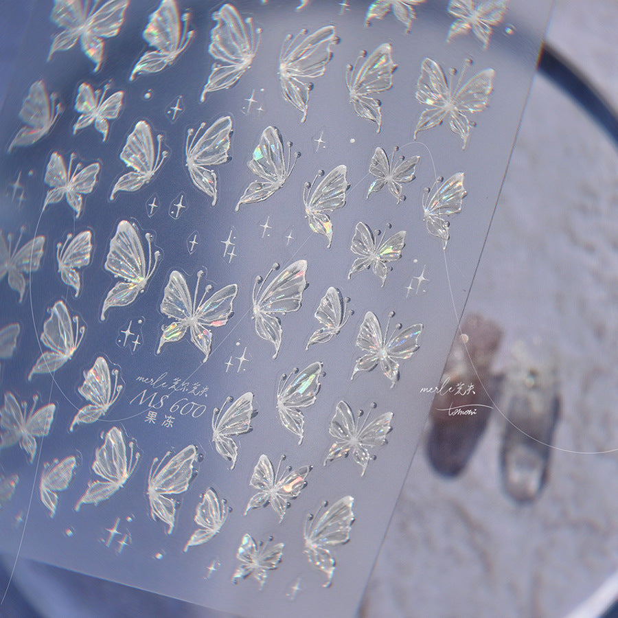 薄荷綠全息蝴蝶: "仙境森林光" – 5D浮雕美甲貼紙
