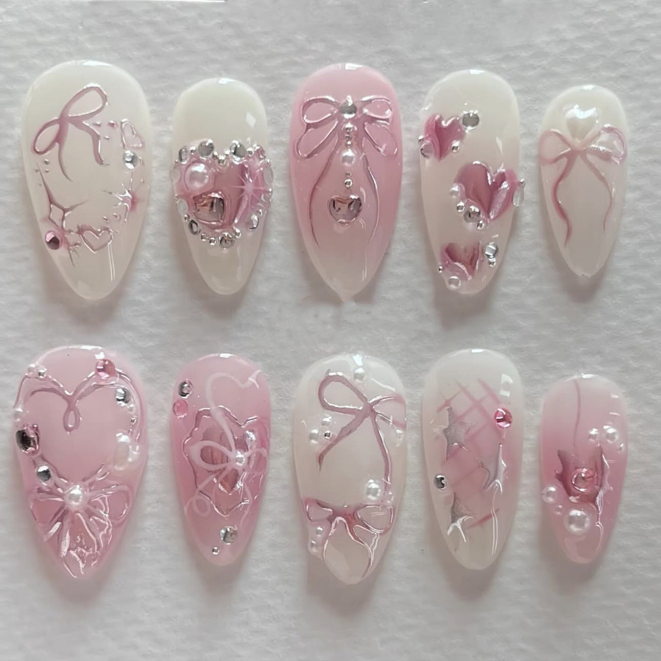 Love bow manicure fake nails almond-shaped press on nails pieces finished flash diamond flash press on nails wholesale｜365nails