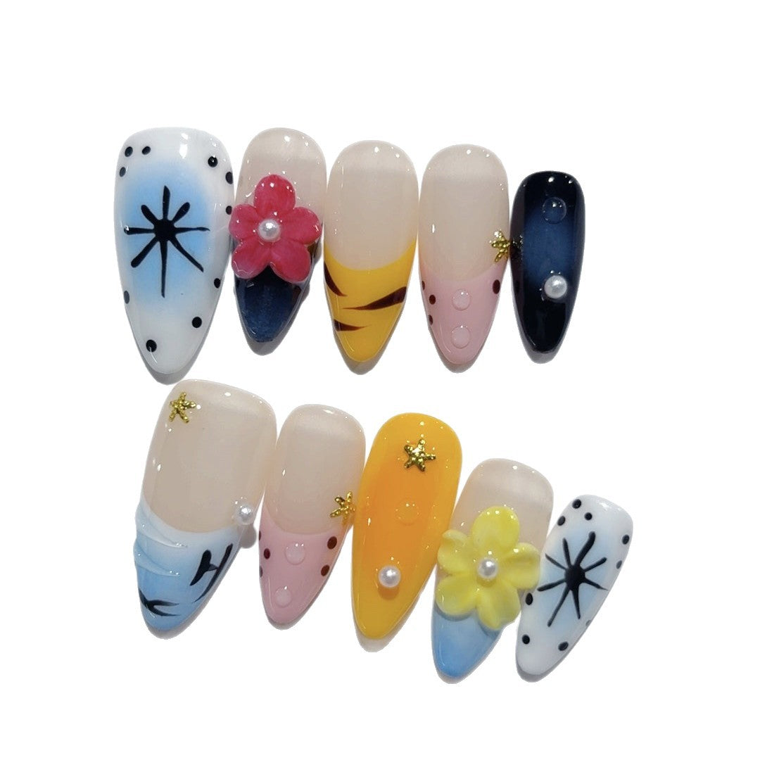 365nails-波普花卉：「繽紛混搭」 – 杏仁形 手工製 3D 雕刻 穿戴甲