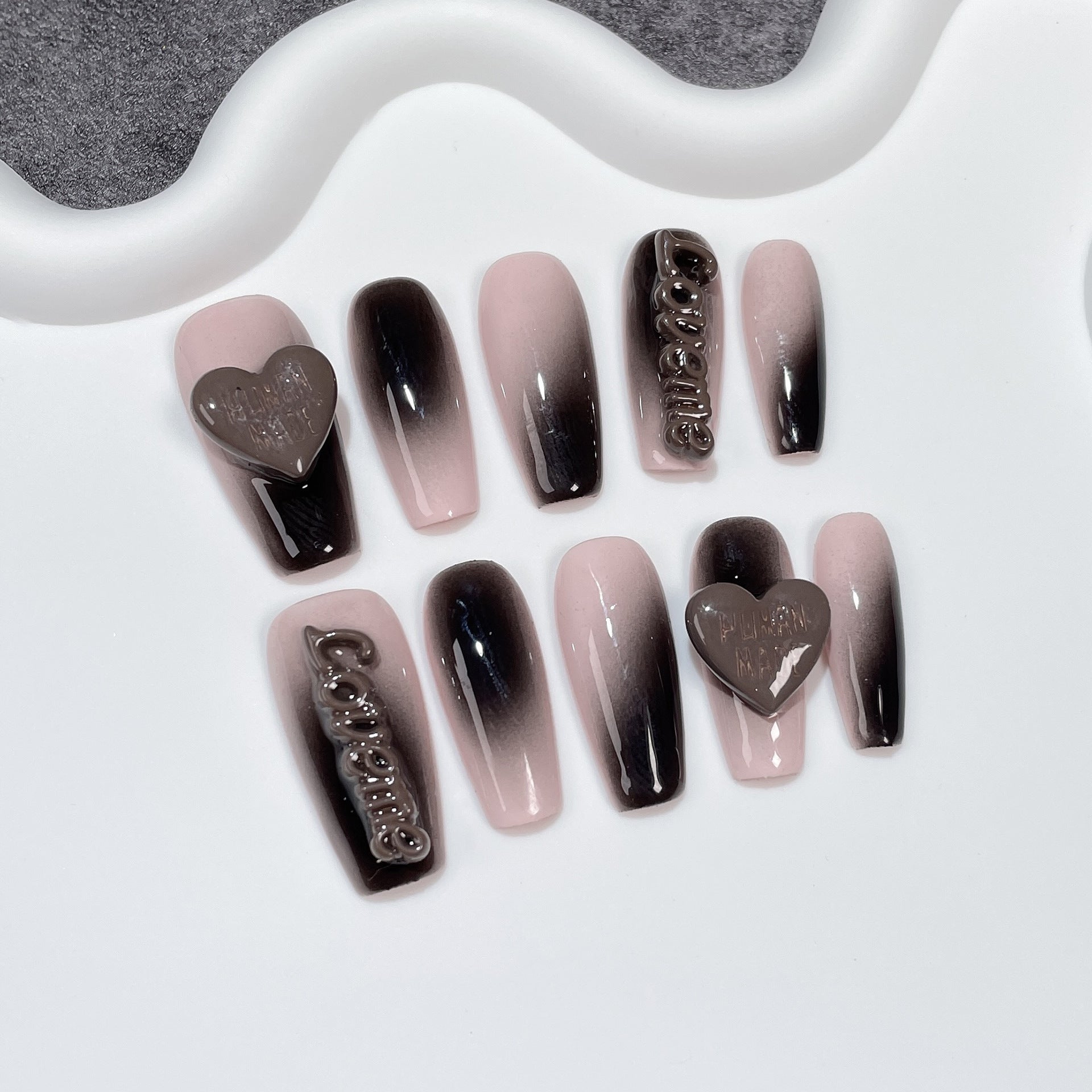 Uñas postizas hechas a mano con pistola rociadora de polvo sucio, cambio gradual de personalidad, parche para uñas medianas y largas, carta de amor, uñas postizas | 365nails