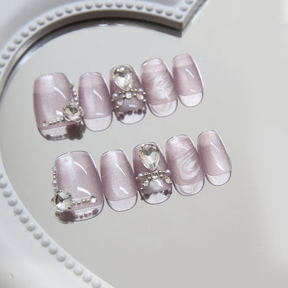 Pontas de unha pré-fabricadas, unhas postiças, peça removível de unha estilo olho de gato lavanda simples, remendo de unha curta tridimensional em T｜365nails