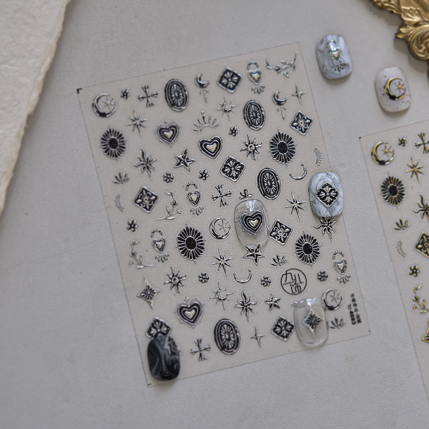 Vintage Gothic Ornament Collection: "Gilded Celestial" – 3D Metallic Nail Sticker