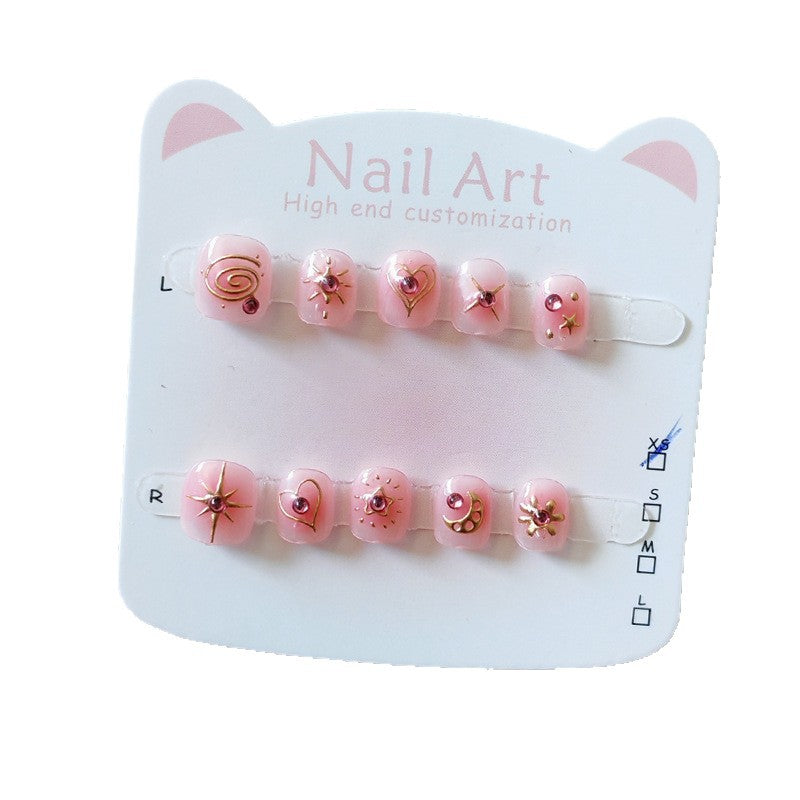 Pink Starry Kids Series: "Golden Star Sparkle" – Short Square Kids Nail Art