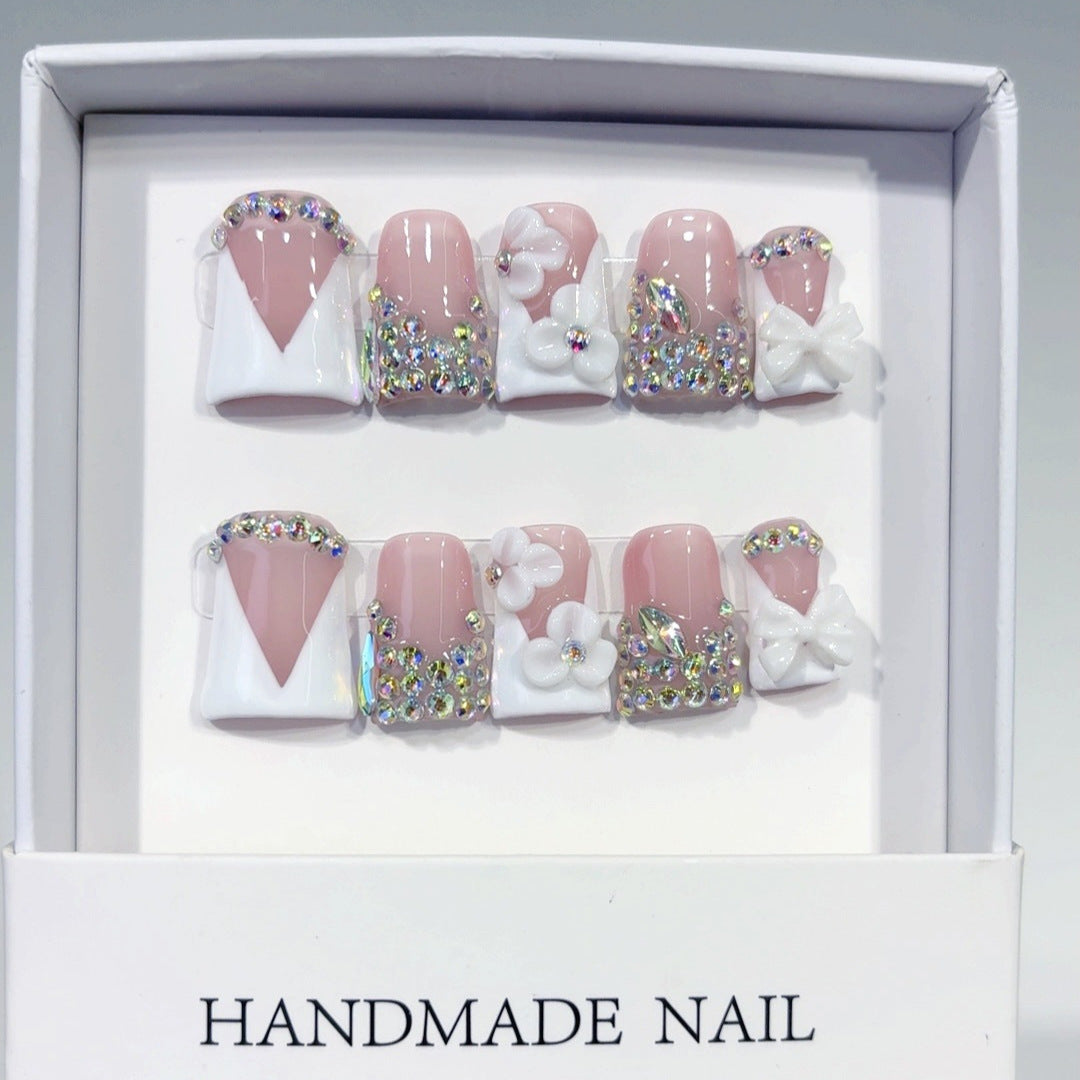 Bridal Elegance: "White Bow Crystal" – Short Square Handmade Press-Ons