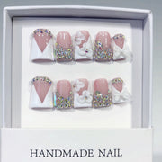 Bridal Elegance: "White Bow Crystal" – Short Square Handmade Press-Ons