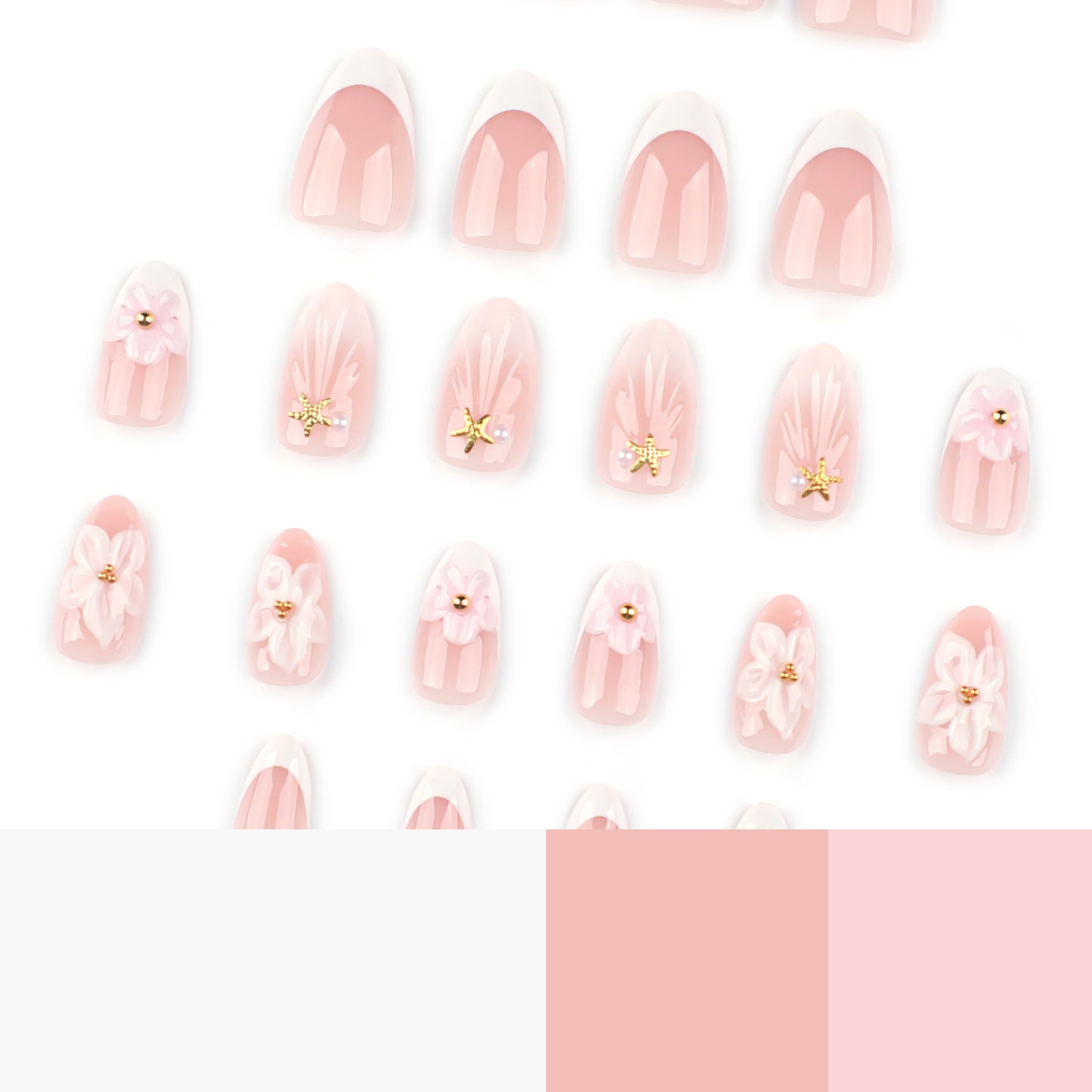 Short Almond 3D Stereo Pink Flower press-on nails