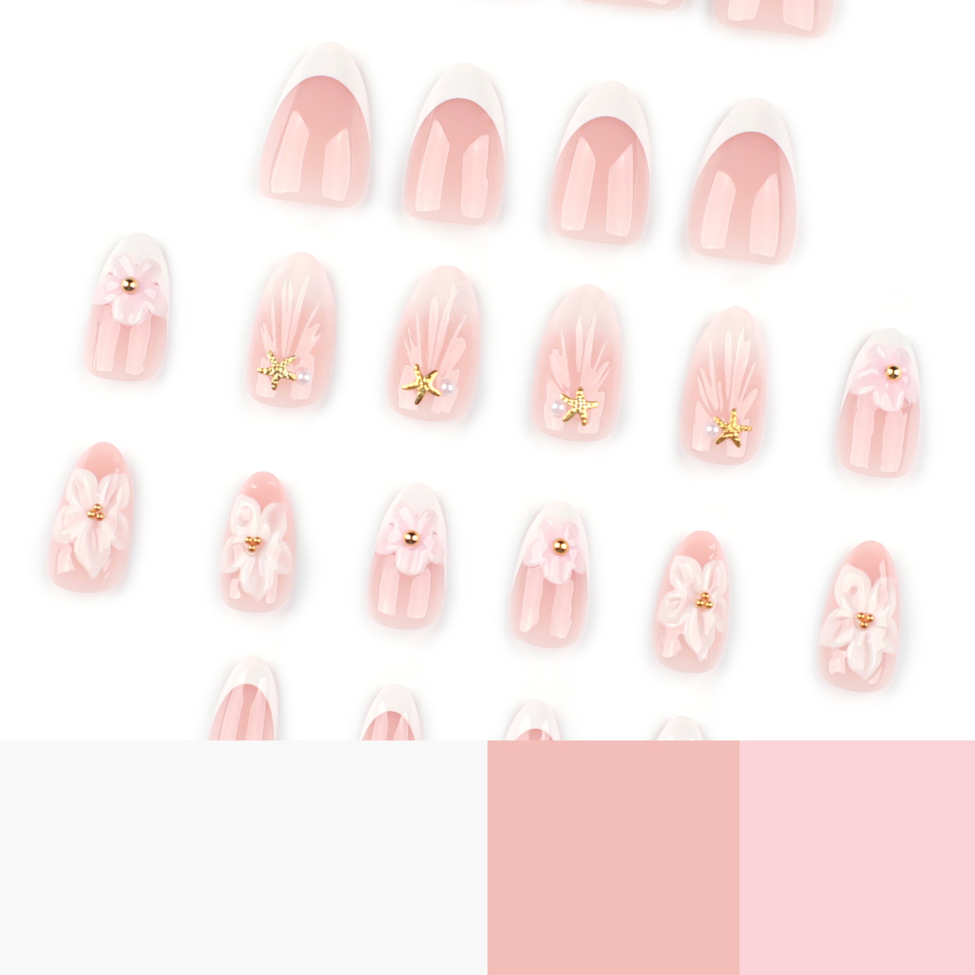 Short Almond 3D Stereo Pink Flower press-on nails