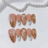 365nails: "Golden Bloom" – 3D Floral & Gold Leaf Handmade Almond Nails