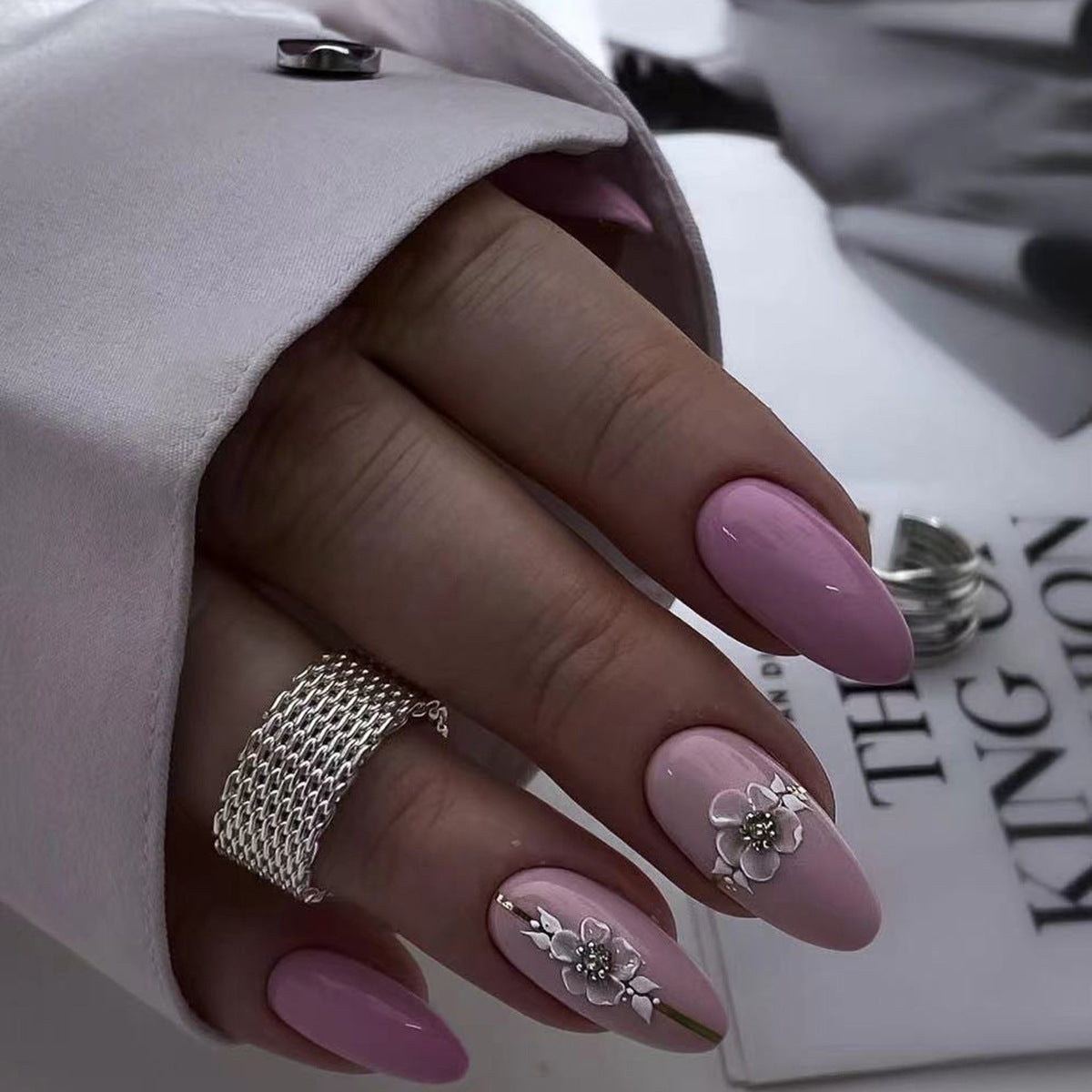 Pieza de uñas rosas, uñas postizas extraíbles, pieza de uñas con flores, uñas adhesivas, pieza de uñas｜365nails