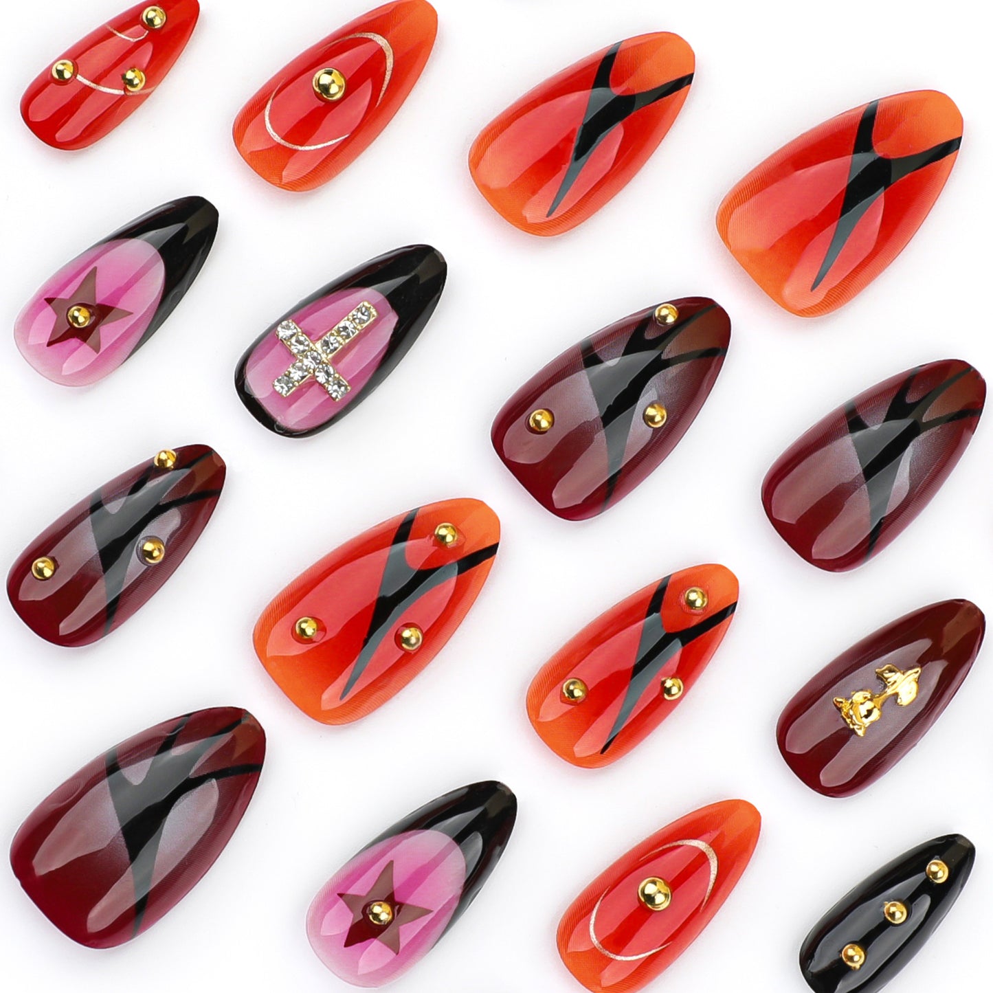 Point diamond metal three-dimensional rose almond wearing nail  French smudge Spice Girl cross nail art fake nails｜365nails