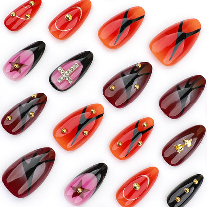 Point diamond metal three-dimensional rose almond wearing nail  French smudge Spice Girl cross nail art fake nails｜365nails