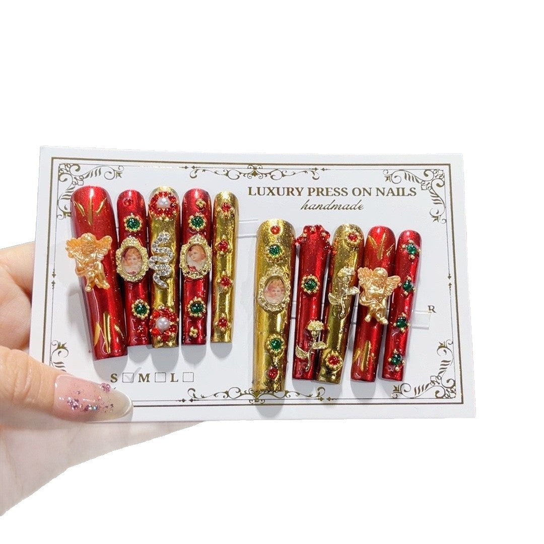 奢華紅金色超長款棺材形穿戴甲