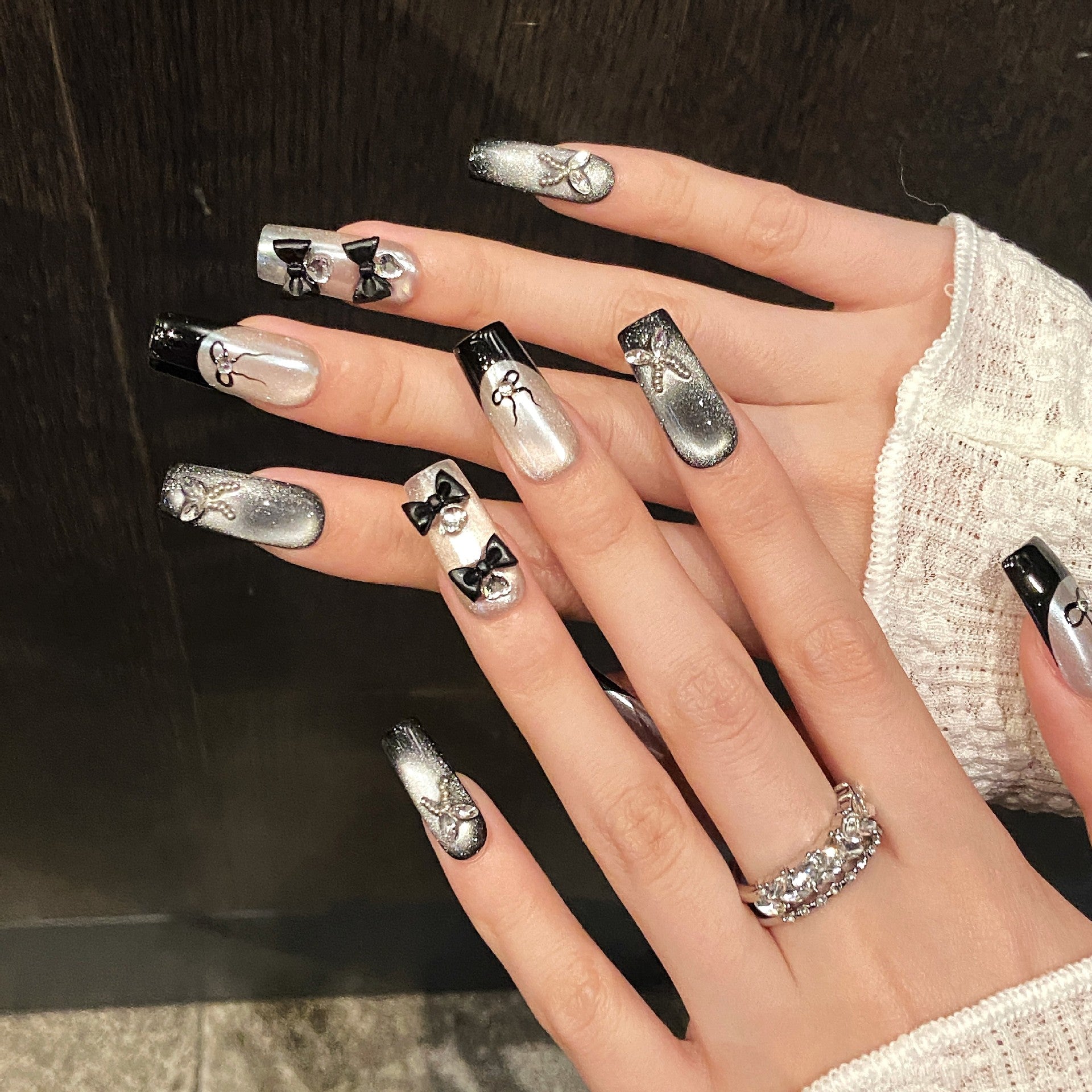 365nails: "Midnight Soiree" – 3D Bowknot & Butterfly Handmade Coffin Nails