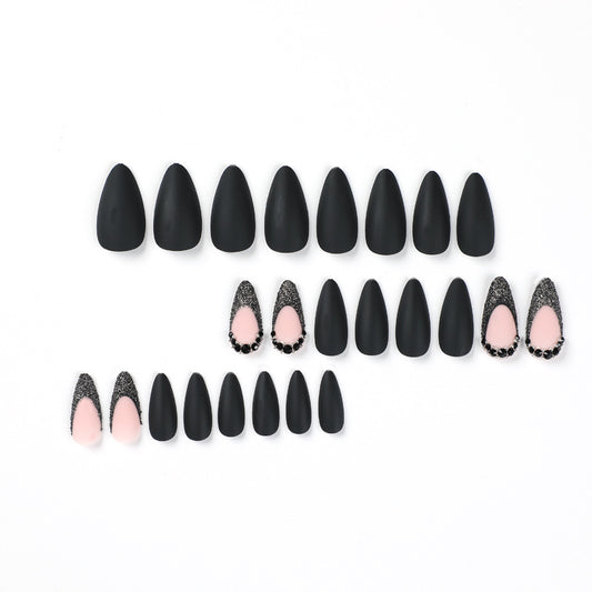Nail art piece Press-on nails, French black edge rhinestone matte nail art piece Finished removable nail art, press on nails｜365nails