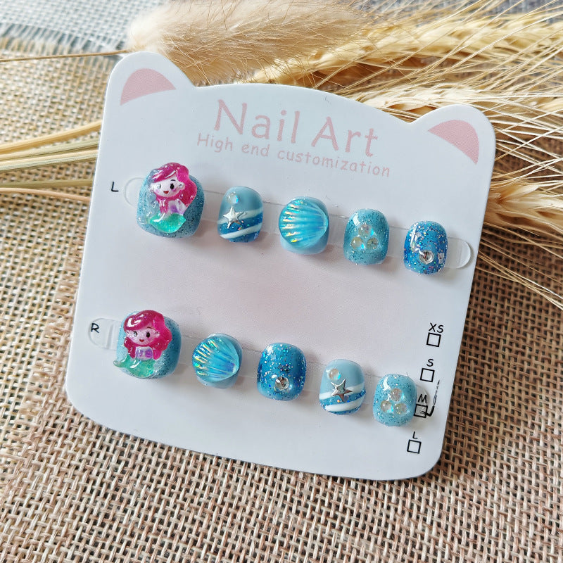 365Nails: "Mermaid Ocean Dream" – Handmade Cute Short Oval Press On Nails With Little Mermaid & Seashell Design