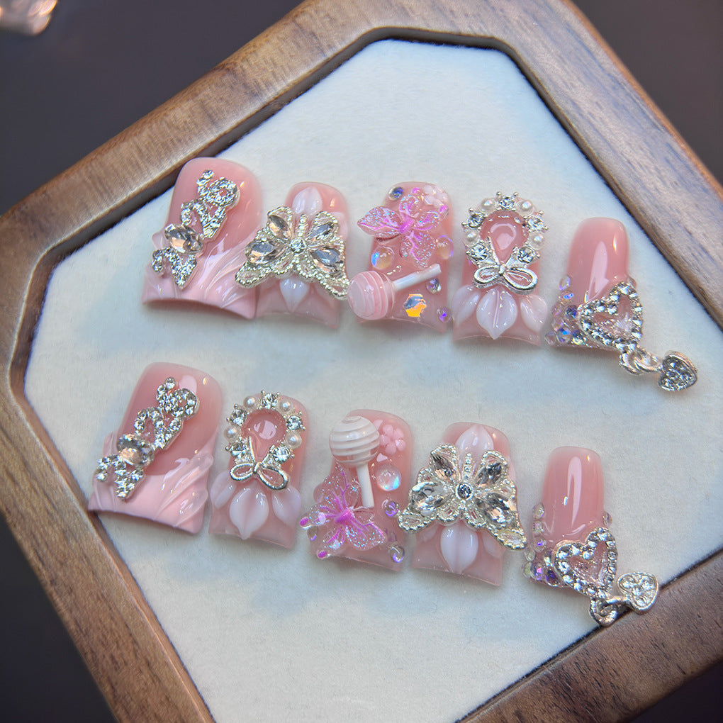 Soft Pink Crystal Butterfly Floral Press On Nails