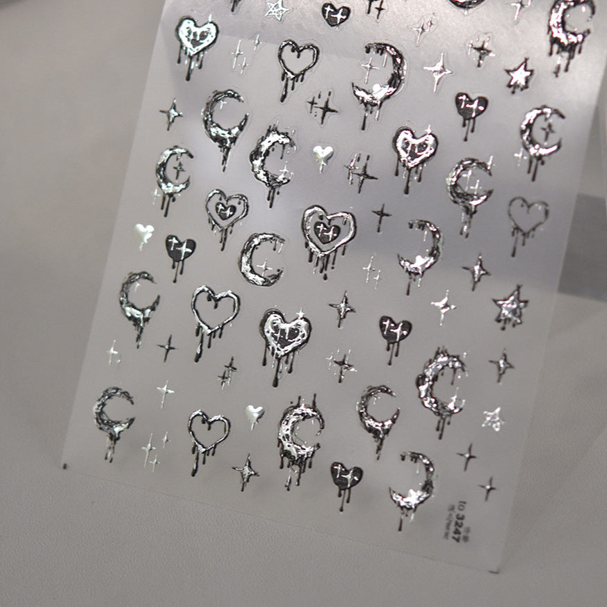Dripping Heart Collection: "Silver Dripping Heart & Moon" – 3D Embossed Nail Sticker
