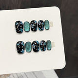 Midnight Blue Floral Glitter Press On Nails