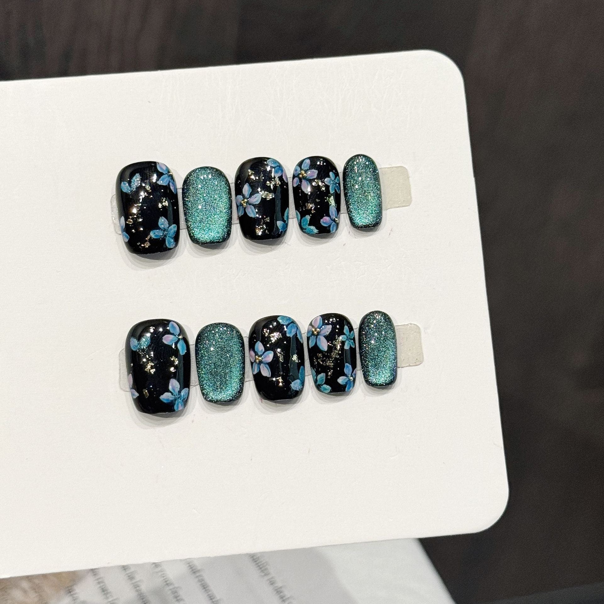 Midnight Blue Floral Glitter Press On Nails