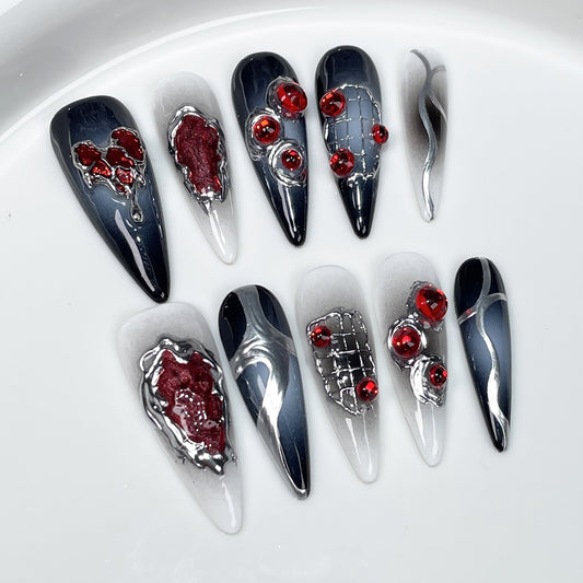 Long-pointed handmade armor dark goth style sweet cool babes nail patch halloween fake nails｜365nails