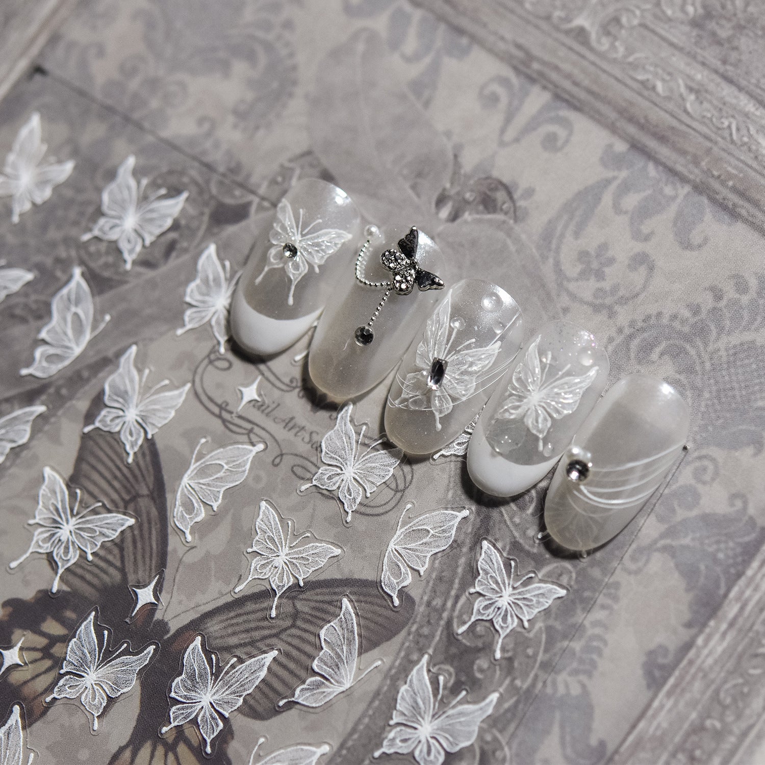 White Lace Butterfly & Star Nail Sticker Set – "Ethereal Butterfly Lace"