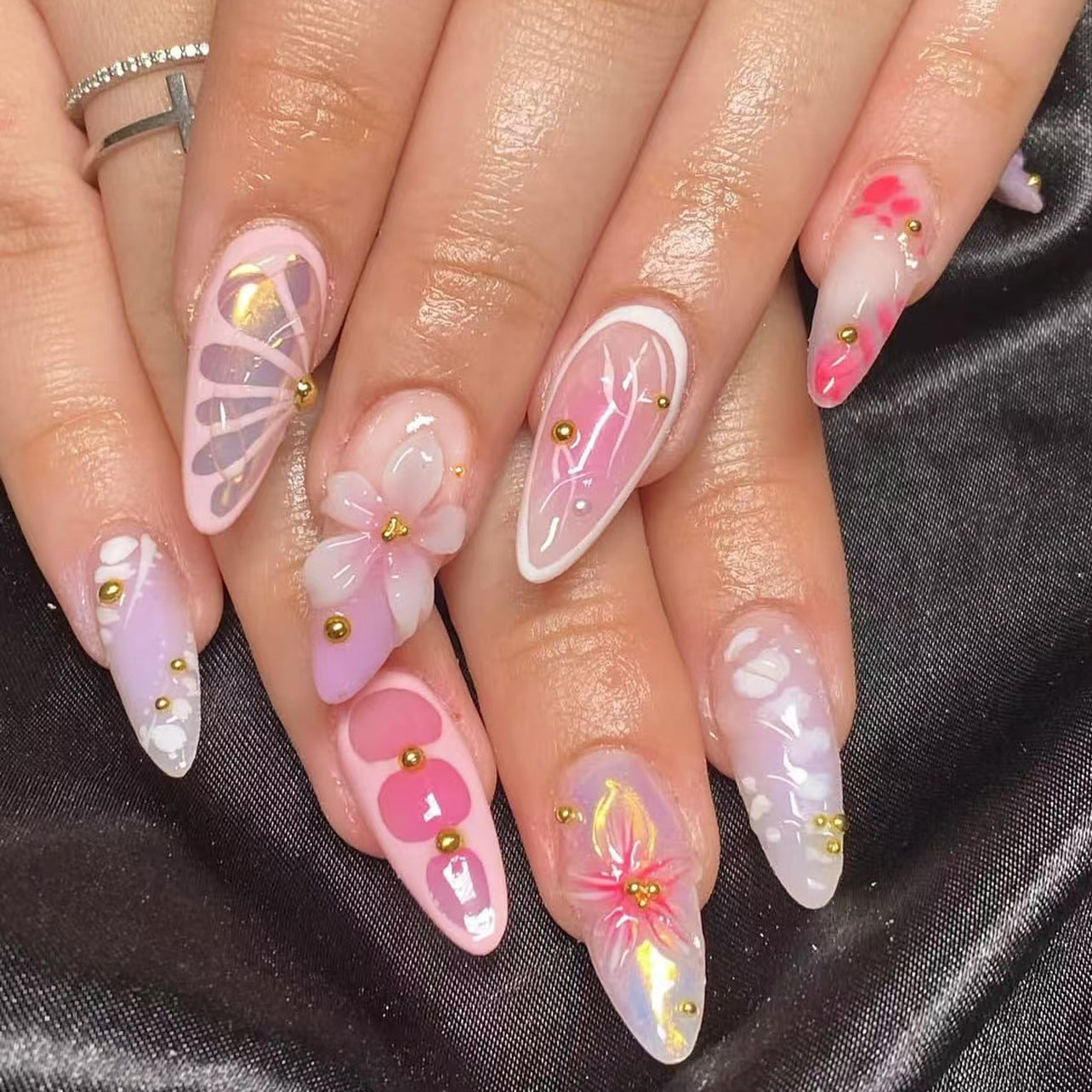 3D three-dimensional flower pink smudge press-on nails