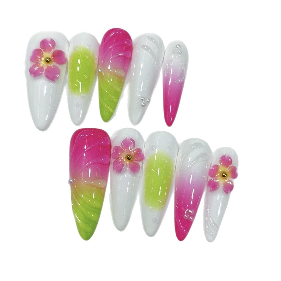 Flores Tropicais: "Neon Blossom" – Unhas Postiças Longas Almond