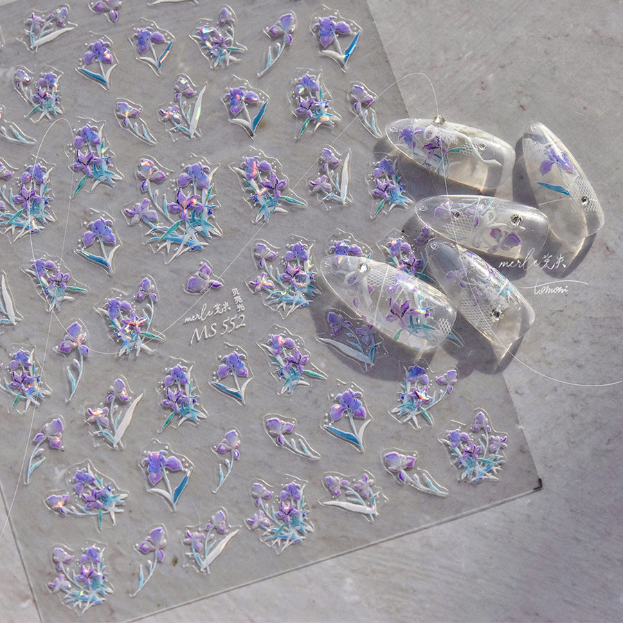 全息鳶尾花指甲貼 — 5D 浮雕夢幻花卉套組