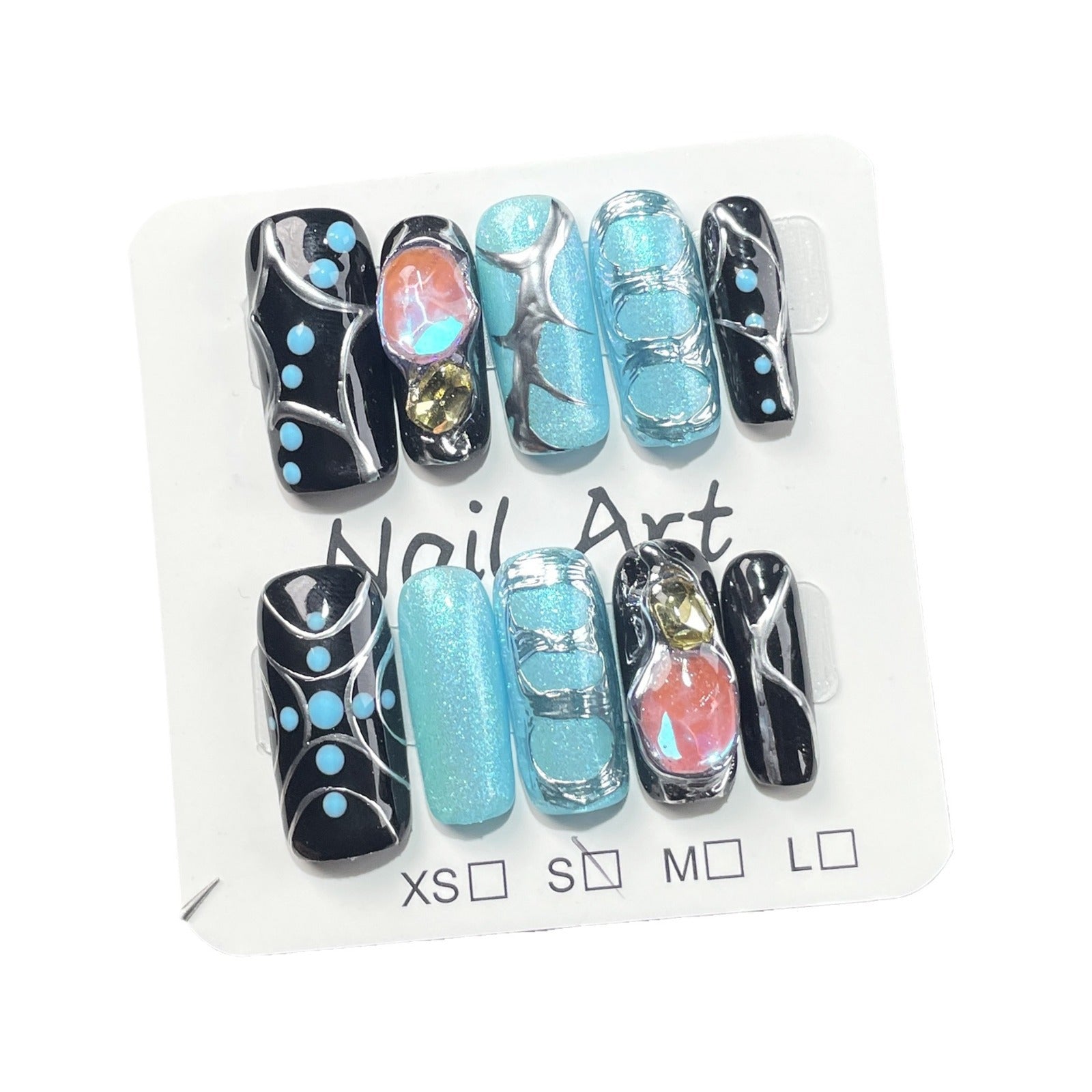 Hand-Painted Blue Nails with Sculpted Metallic Galaxy Accents