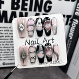 Uñas postizas hechas a mano, diseño de Spice Girl, estilo ojo de gato, diseño de uñas medianas y largas, con parches, para uso industrial, pintadas a mano, para llevar ｜365nails
